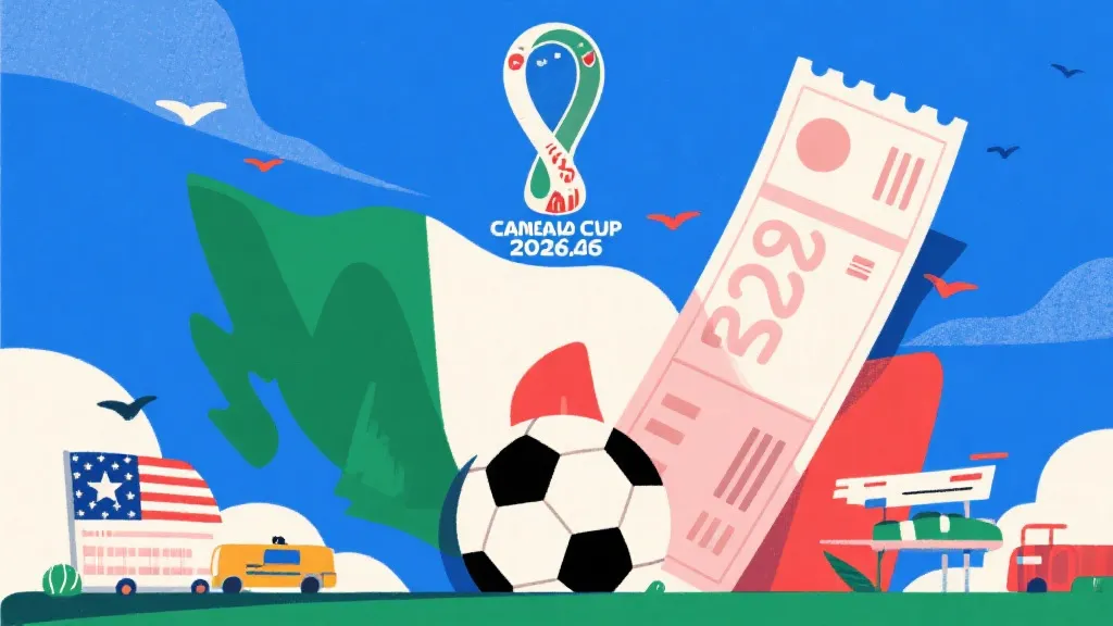 2026年美加墨世界杯概念图，包含足球与高昂旅行账单元素